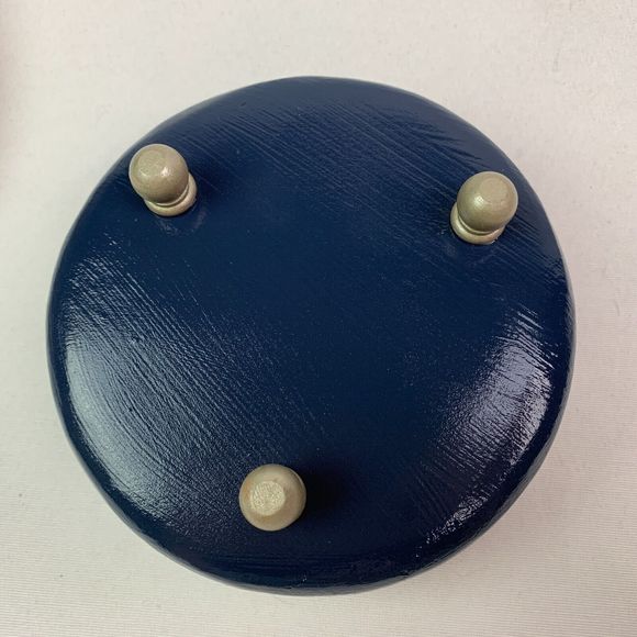 Wood Trinket Bowl Hand Painted Blue Metallic Silver Jeweled Repurposed Crafted - Picture 10 of 10